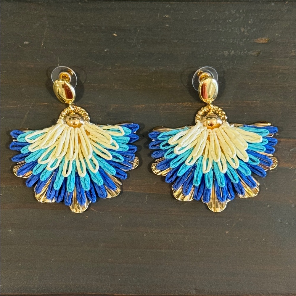 Blue and Cream Fanned Raffia Gold Post Drop Earrings Women’s Fashion Jewelry